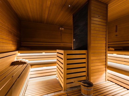 Hotel in Montegrotto Terme: the Garden Terme Interior of a wooden sauna with benches and water bucket
